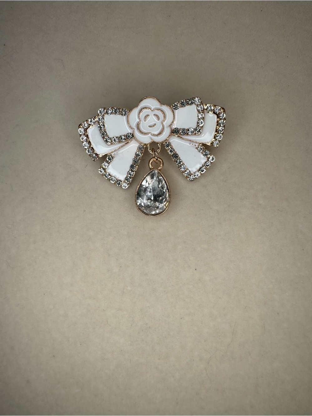 New White Enamel Bow Brooch with Crystal Drop